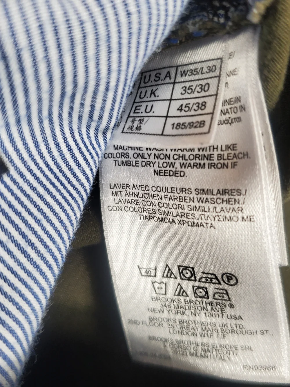 Brooks Brothers Mens 35x29 Olive Green Stretch Chino Pants